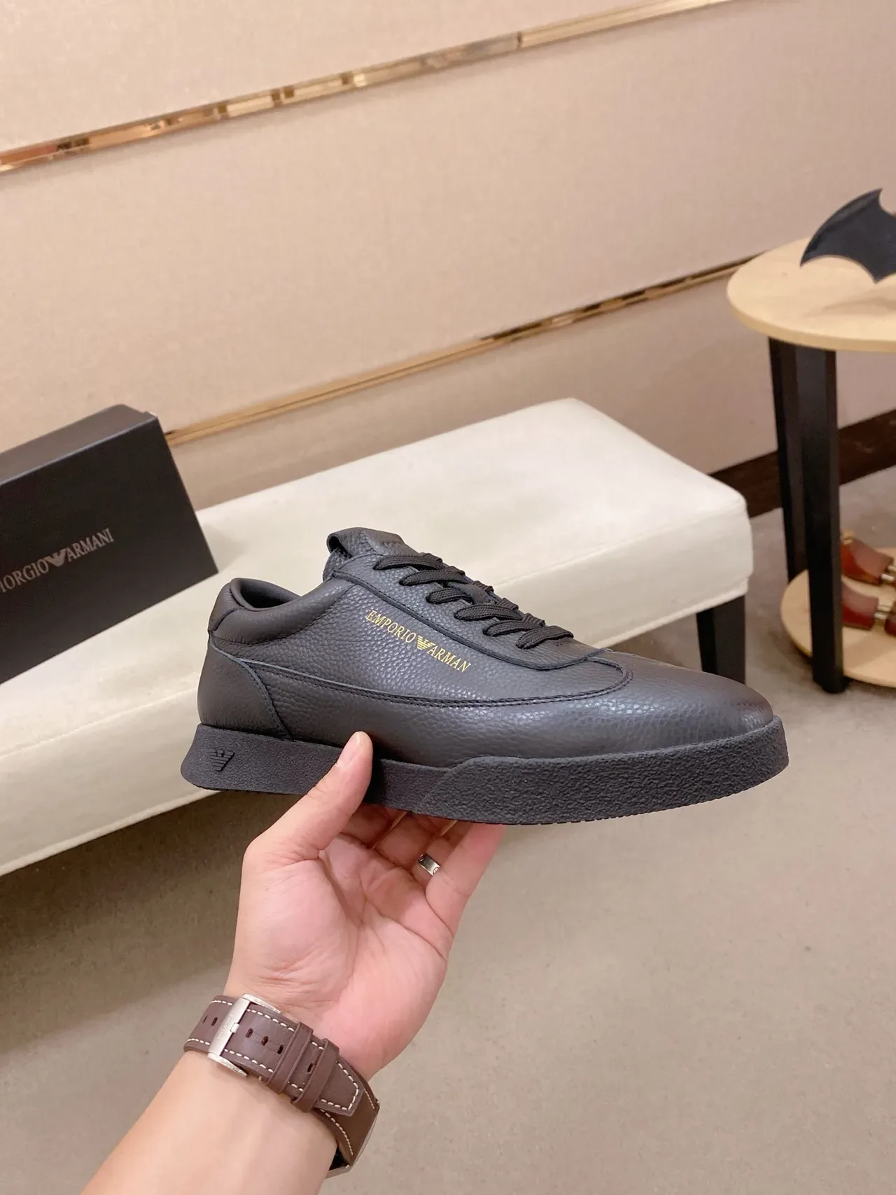Emporio Armani Pebbled Leather Gold-Branded Low-Top Sneaker 4