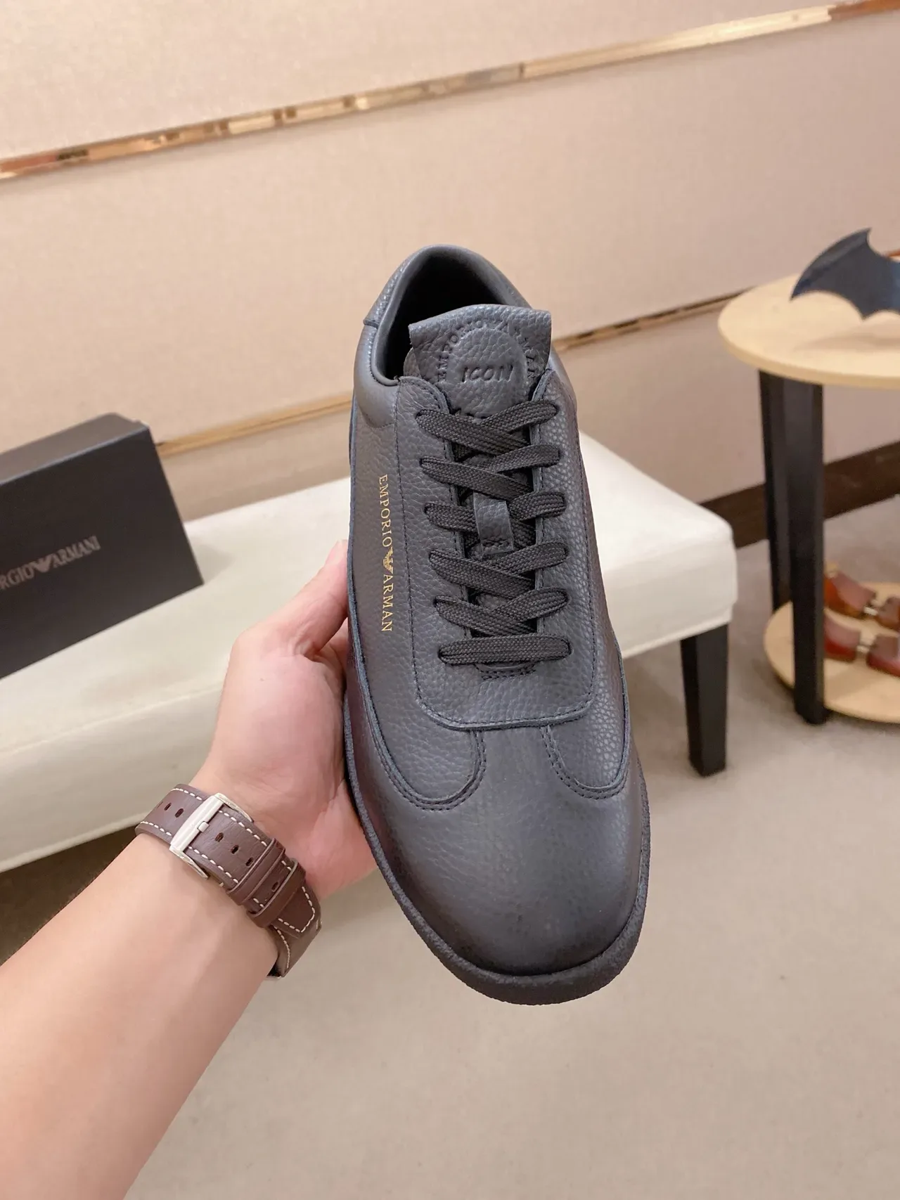 Emporio Armani Pebbled Leather Gold-Branded Low-Top Sneaker 5