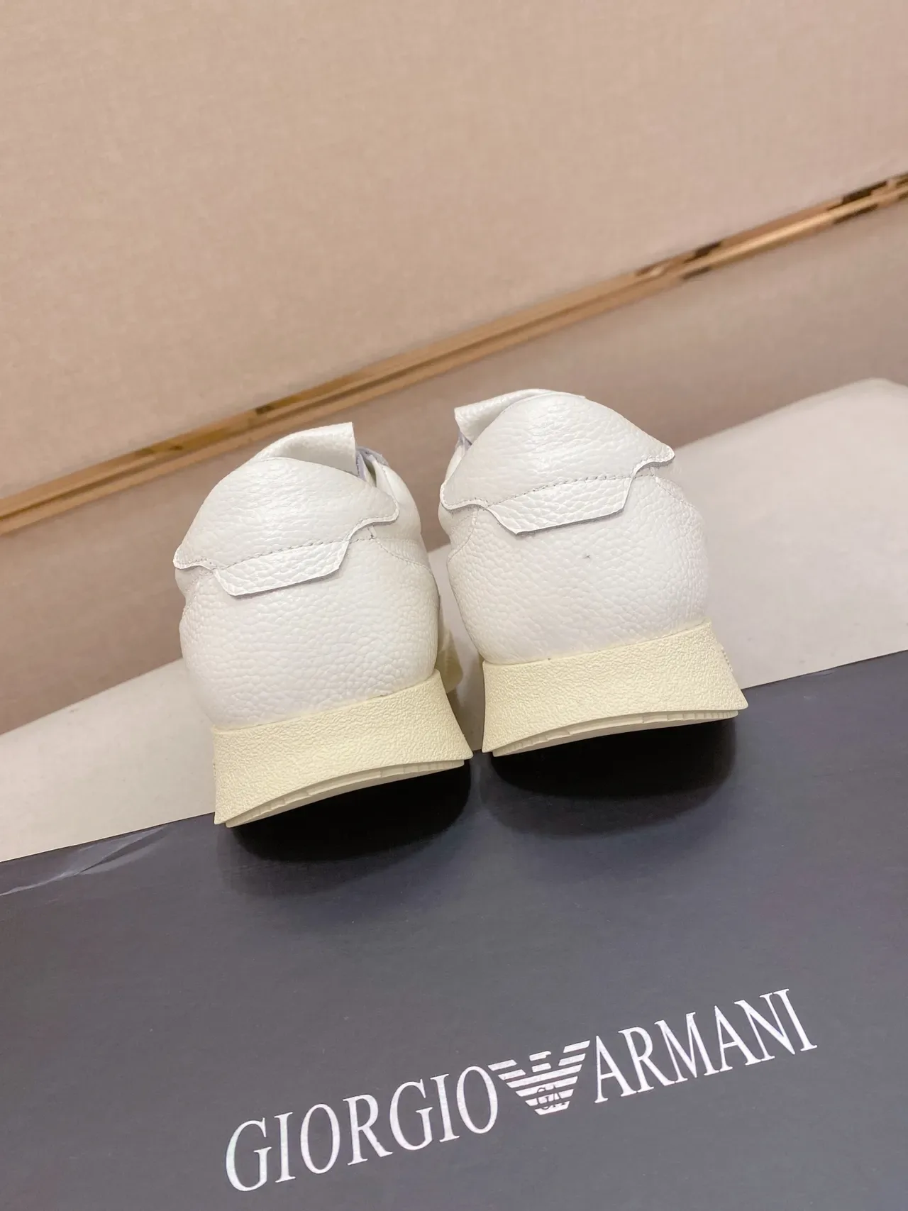 Emporio Armani White Beige Pebbled Leather Upper Gold Branding Sneakers 3
