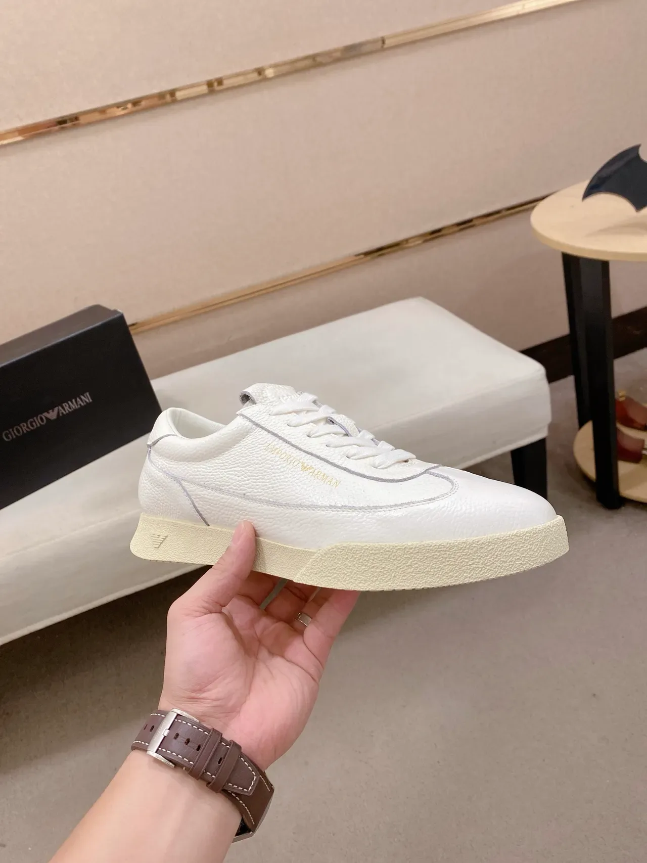 Emporio Armani White Beige Pebbled Leather Upper Gold Branding Sneakers 4