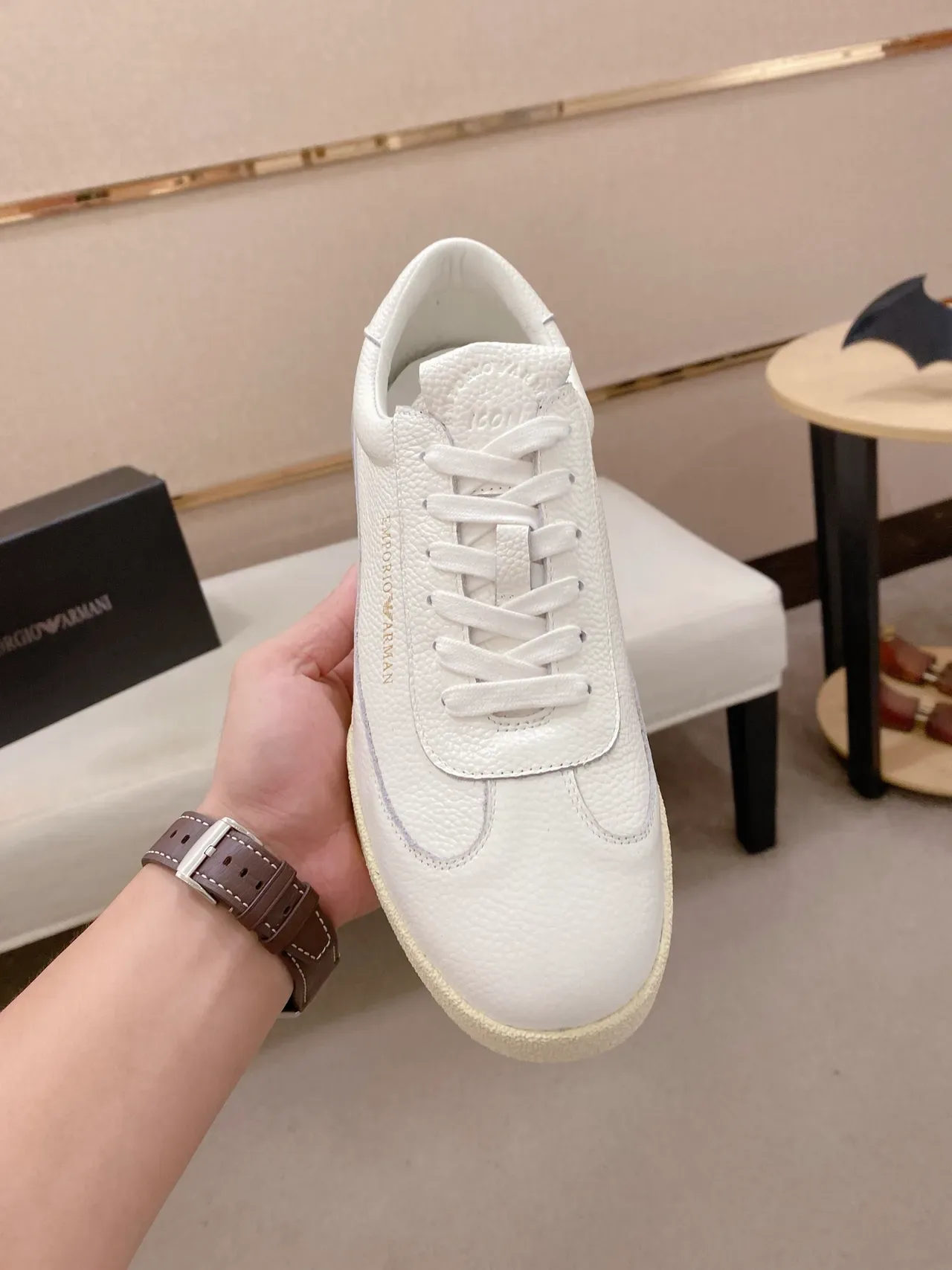 Emporio Armani White Beige Pebbled Leather Upper Gold Branding Sneakers 5