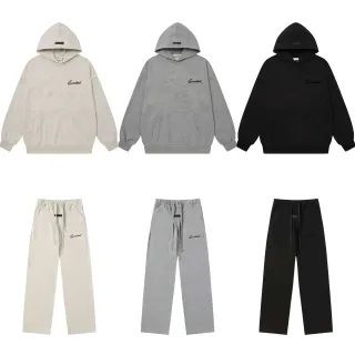 Fear of God Essentials Hoodie Gris Negro Ajuste Oversized Bordado Minimalista