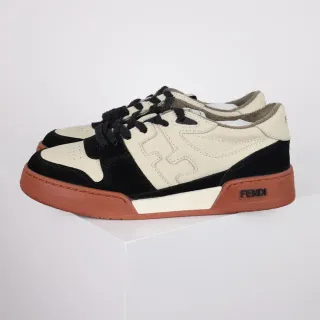 Fendi Beige Black Asymmetrical Panel Construction Cream Leather And Suede Contrast Lifestyle Sneakers
