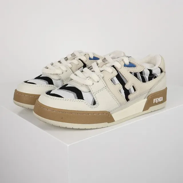 Fendi Beige Noir Cuir En Couches Et Tissu Mesh Haut Panneaux Imprimés Zèbre Sneakers De Style De Vie 2