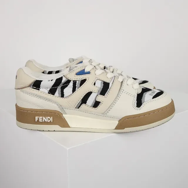 Fendi Beige Noir Cuir En Couches Et Tissu Mesh Haut Panneaux Imprimés Zèbre Sneakers De Style De Vie 3