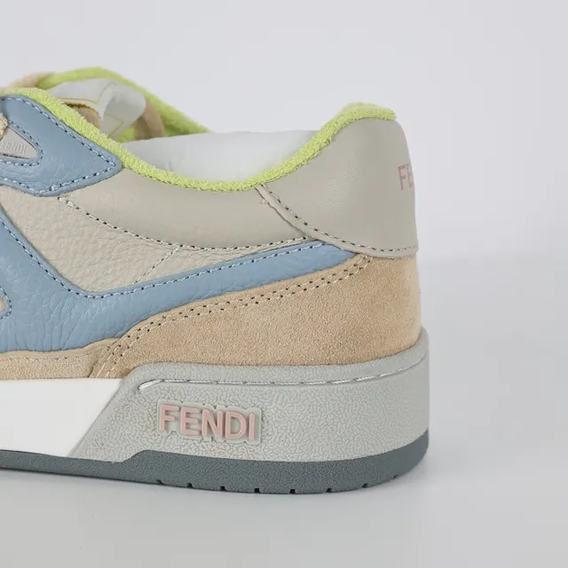 Fendi Beige et Bleu Empeigne en Daim et Cuir superposés Oversized FF Logo Panel Lifestyle Sneakers 4