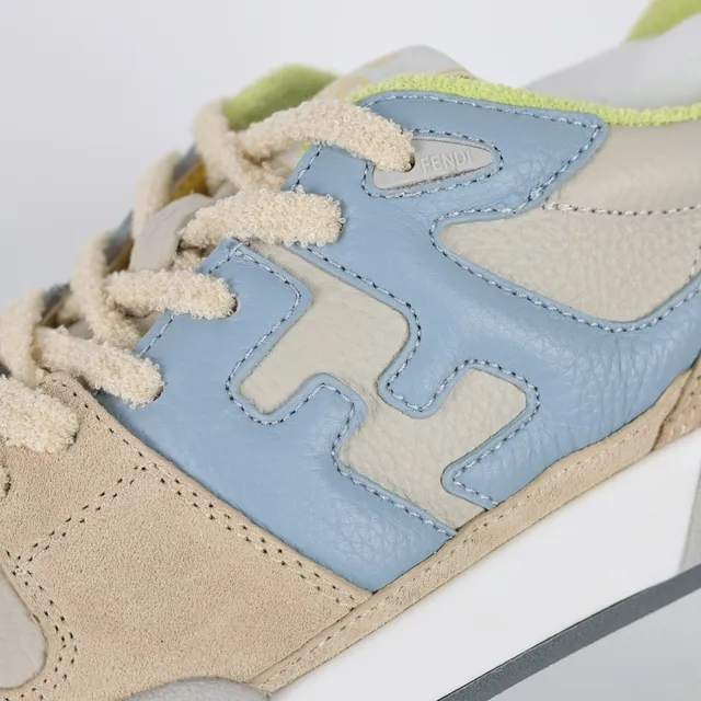 Fendi Beige et Bleu Empeigne en Daim et Cuir superposés Oversized FF Logo Panel Lifestyle Sneakers 6