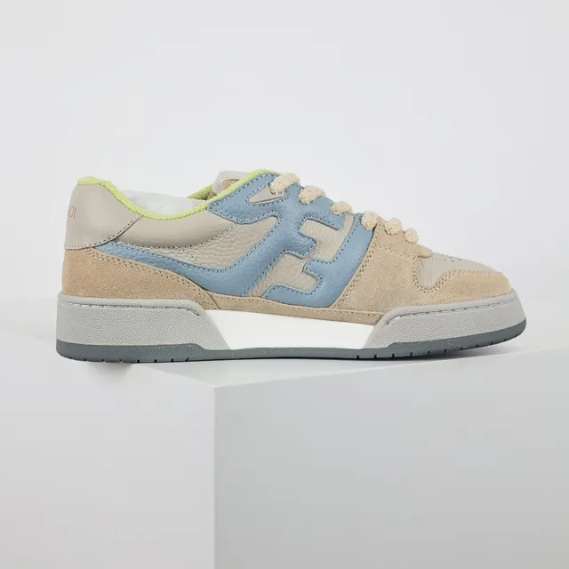 Fendi Beige et Bleu Empeigne en Daim et Cuir superposés Oversized FF Logo Panel Lifestyle Sneakers 7