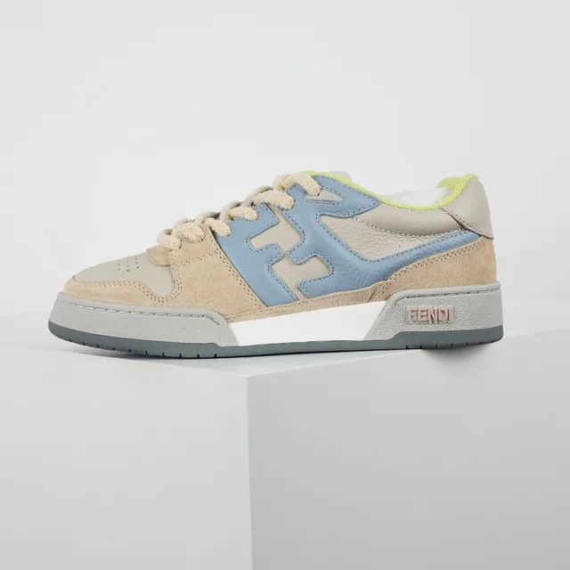 Fendi Beige et Bleu Empeigne en Daim et Cuir superposés Oversized FF Logo Panel Lifestyle Sneakers 9