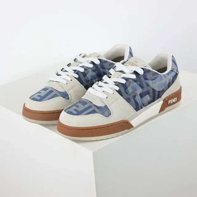 Fendi Beige Blue Chaussures Lifestyle Basses En Suède Et Textil Imprimé 2