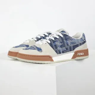 Fendi Beige Blue Mixed-Material Upper Monogram Textile Panels Lifestyle Sneakers