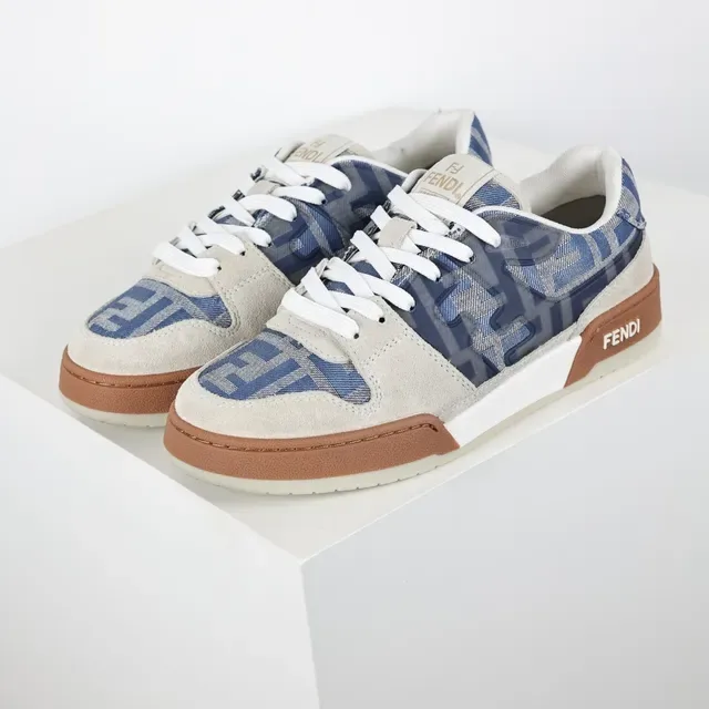 Fendi Beige Blue Mixed-Material Upper Monogram Textile Panels Lifestyle Sneakers 2