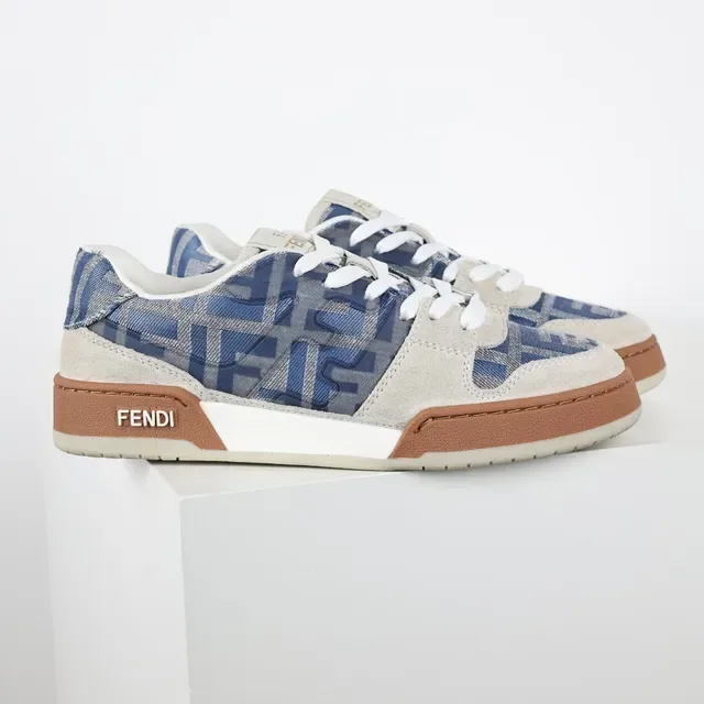 Fendi Beige Blue Mixed-Material Upper Monogram Textile Panels Lifestyle Sneakers 3