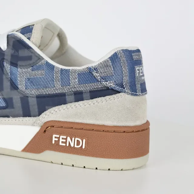 Fendi Beige Blue Mixed-Material Upper Monogram Textile Panels Lifestyle Sneakers 4