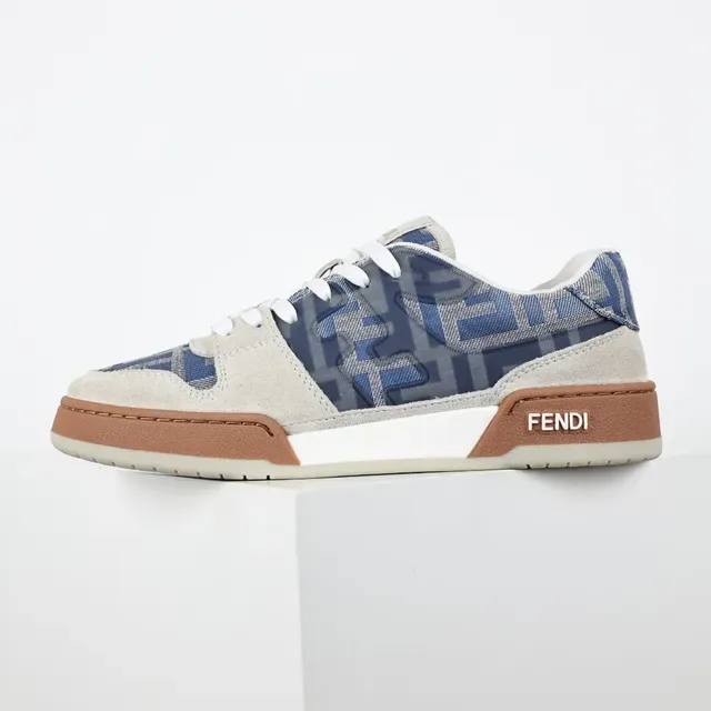 Fendi Beige Blue Mixed-Material Upper Monogram Textile Panels Lifestyle Sneakers 9