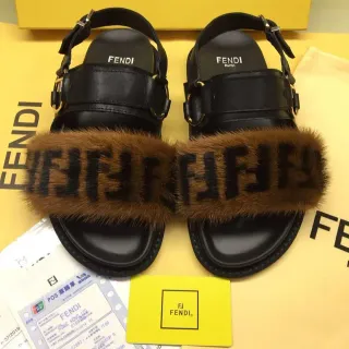 Fendi Black Brown Fur-Trimmed Monogrammed Casual Sandals
