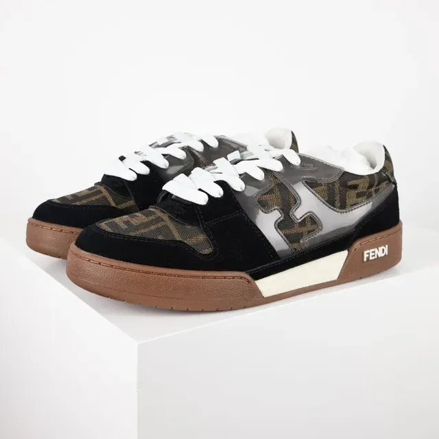 Fendi Black Brown Monogram-Print Textile Suede Overlays Sneakers 2