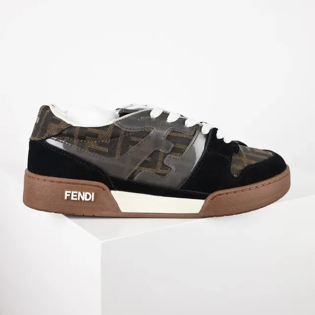 Fendi Black Brown Monogram-Print Textile Suede Overlays Sneakers 3