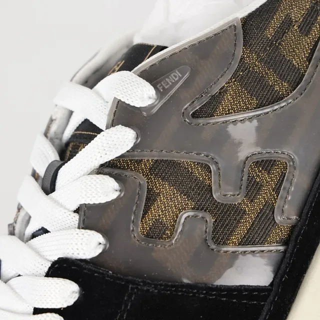 Fendi Black Brown Monogram-Print Textile Suede Overlays Sneakers 6
