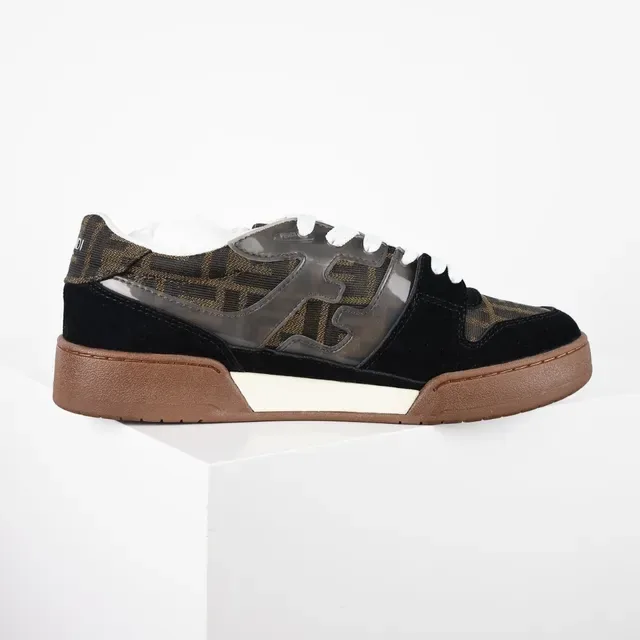 Fendi Black Brown Monogram-Print Textile Suede Overlays Sneakers 7