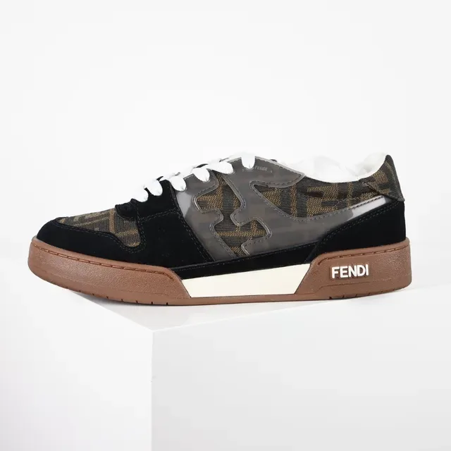 Fendi Black Brown Monogram-Print Textile Suede Overlays Sneakers 9