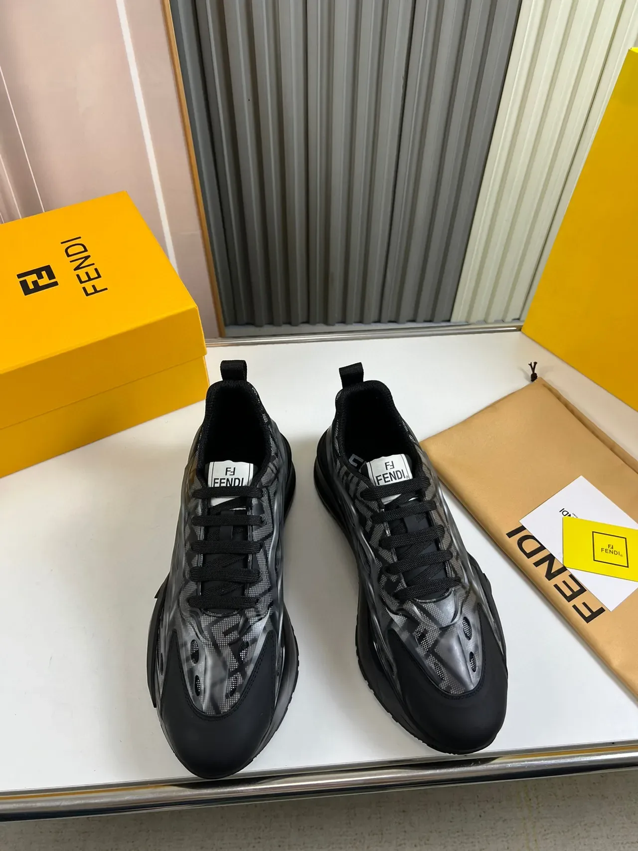 Fendi Black Transparent Geometric Cage Mesh Upper Chunky Sneakers 7