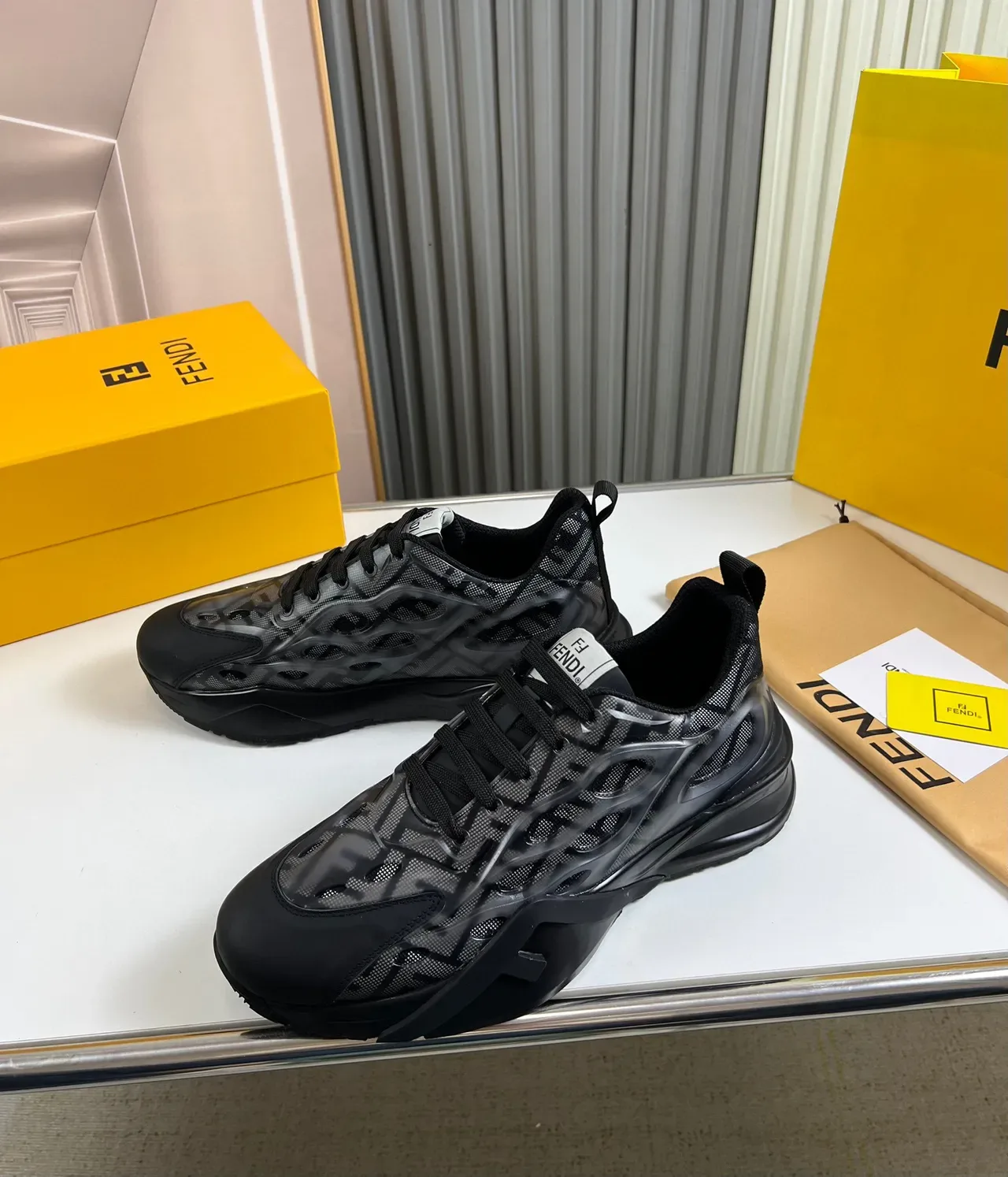 Fendi Black Transparent Geometric Cage Mesh Upper Chunky Sneakers 8