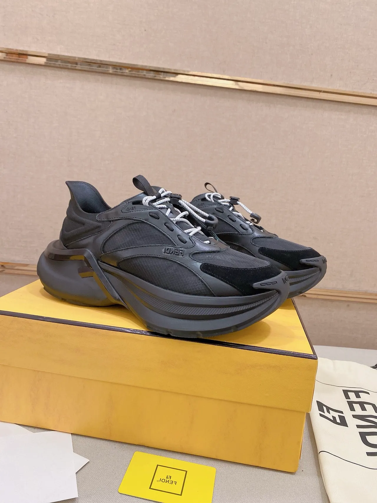 Fendi Black White Chunky Sole Mixed-Material Upper Sneakers 5