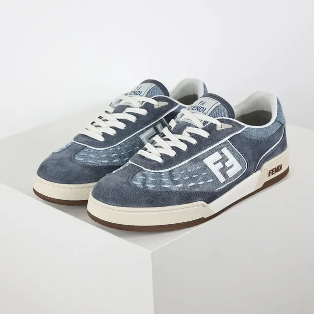 Fendi Sneakers lifestyle upper hybride denim-suede bleu beige panneau logo FF blanc 2