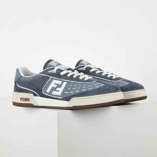 Fendi Sneakers lifestyle upper hybride denim-suede bleu beige panneau logo FF blanc 3