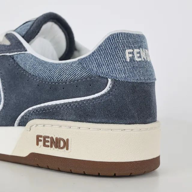 Fendi Sneakers lifestyle upper hybride denim-suede bleu beige panneau logo FF blanc 4