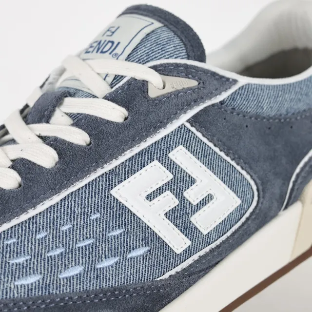 Fendi Sneakers lifestyle upper hybride denim-suede bleu beige panneau logo FF blanc 6