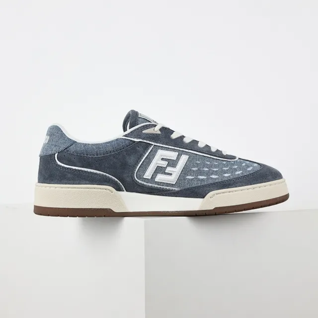 Fendi Sneakers lifestyle upper hybride denim-suede bleu beige panneau logo FF blanc 7