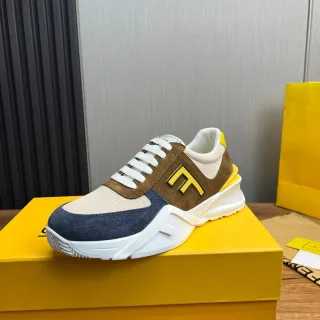 Fendi Brown Navy Sculpted Sole Mixed Suede-Mesh-Nubuck Upper Chunky Sneakers
