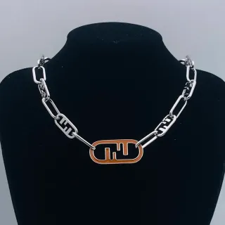 Fendi FF Logo Enamel Pendant Paperclip Chain Necklace
