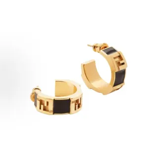 Fendi FF Logo Gold-Tone and Black Inlay Hoop Earrings