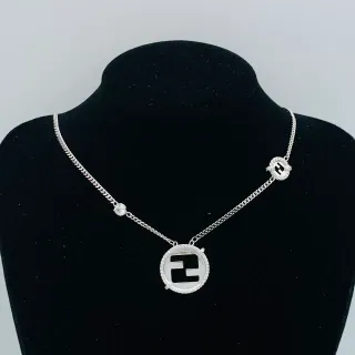 Fendi FF Logo Pendant Silver Black Curb Chain Pavé Crystal Bezel Necklace