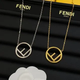 Fendi FF Logo Pendant Silver Gold Circular Interlocking Necklace