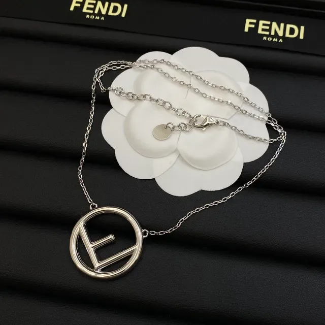 Fendi FF Logo Pendentif Argent Or Circulaire Interlocking Collier 3