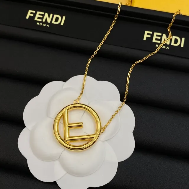 Fendi FF Logo Pendentif Argent Or Circulaire Interlocking Collier 4