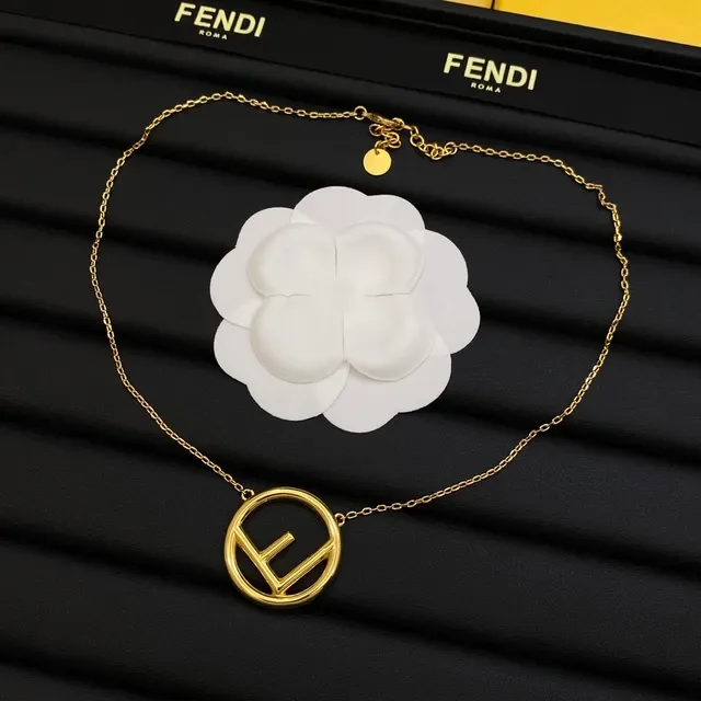 Fendi FF Logo Pendentif Argent Or Circulaire Interlocking Collier 5