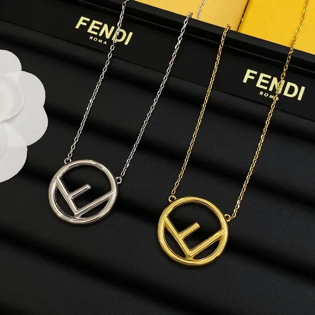 Fendi FF Logo Pendentif Argent Or Circulaire Interlocking Collier 6