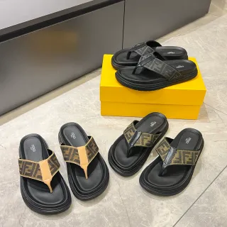 Fendi FF Logo Thong Black Beige Platform Sole Monogram Jacquard Strap Slippers