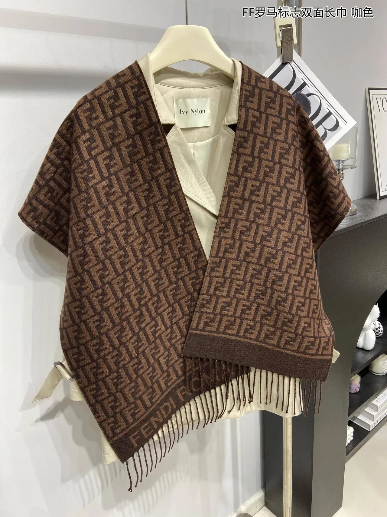 Fendi FF Monogram Scarf Brown Beige Monogrammed Fringed Cashmere Scarf 4