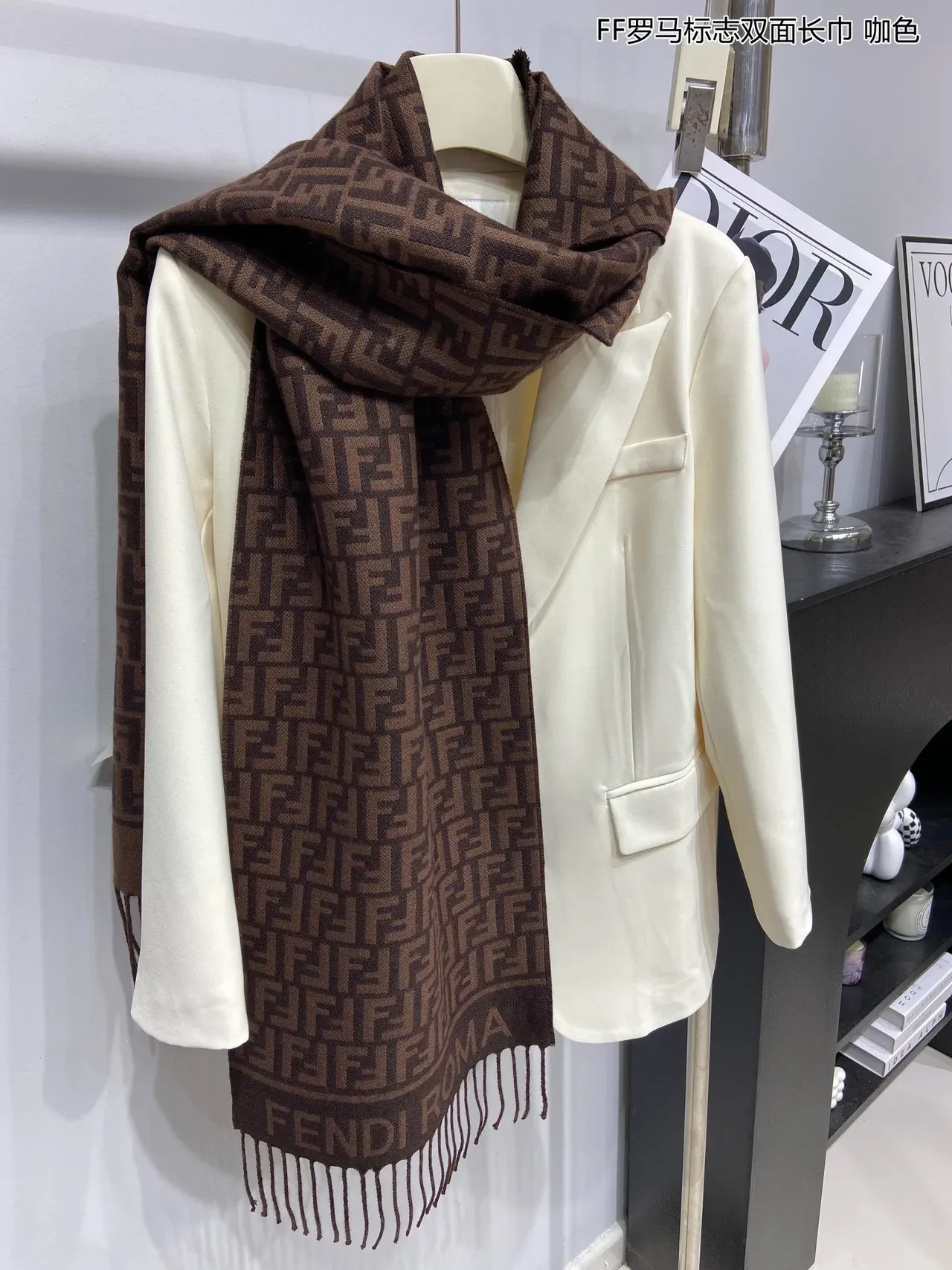 Fendi FF Monogram Scarf Brown Beige Monogrammed Fringed Cashmere Scarf 5