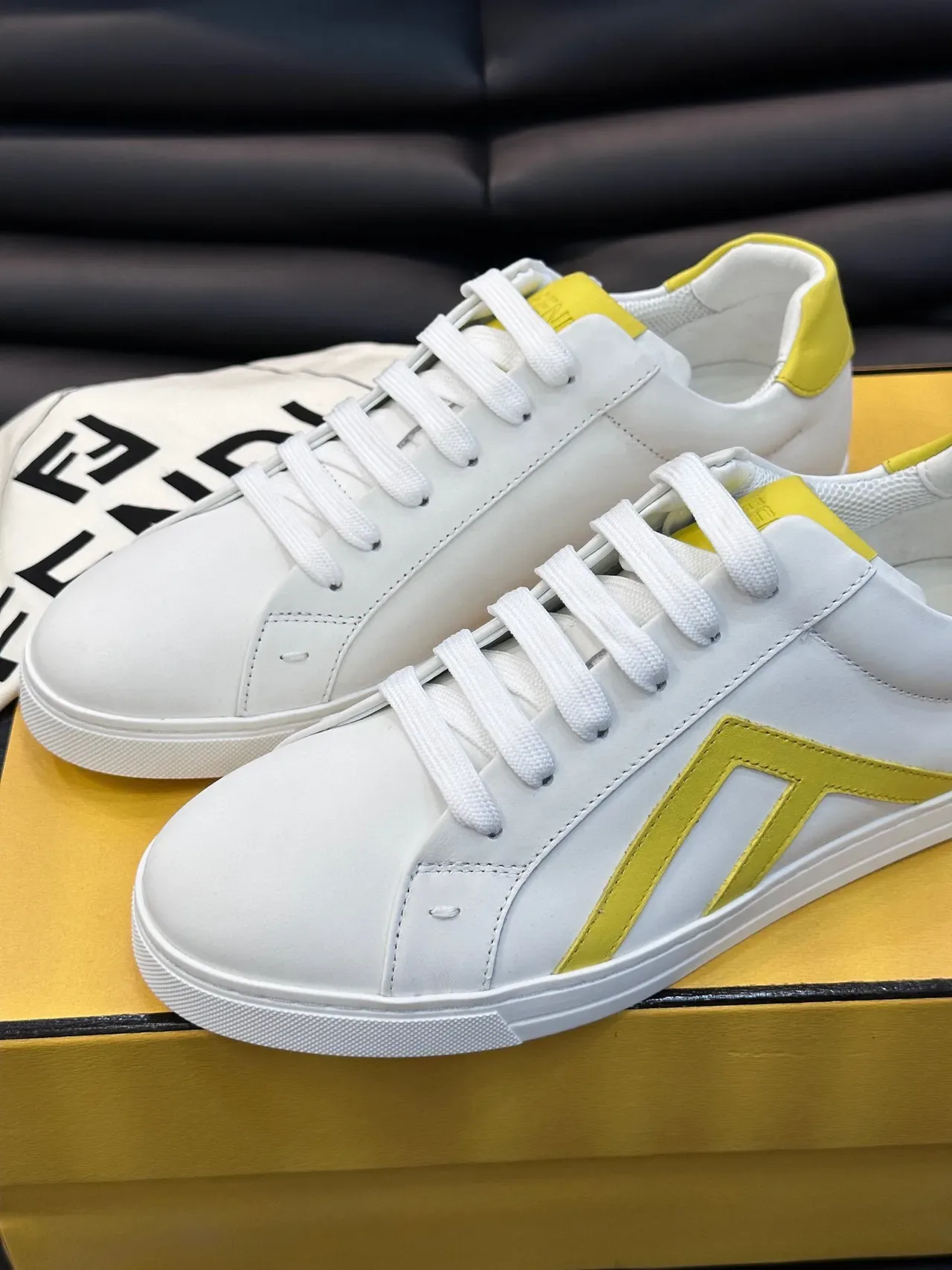Fendi First White and Yellow Leather Lifestyle Sneakers 6