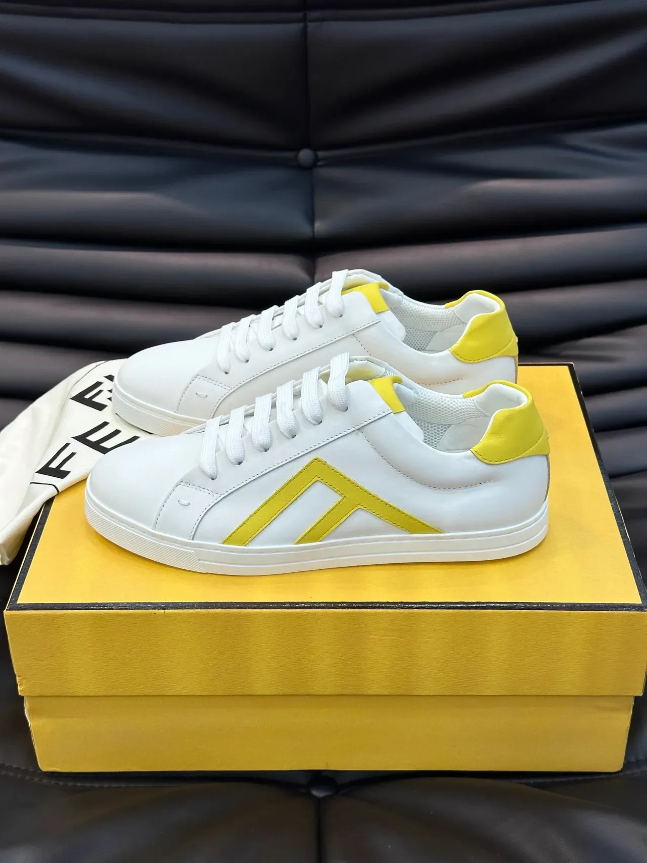 Fendi First White and Yellow Leather Lifestyle Sneakers 7
