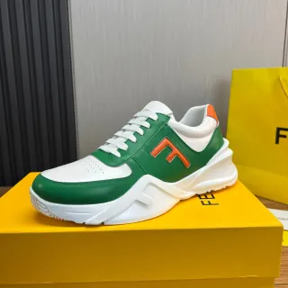 Fendi Green White Sculpted Sole Leather And Perforated Upper Chunky Sneakers