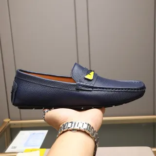 Fendi Loafer Navy Yellow Pebbled Leather Moccasin-Stitched Loafer