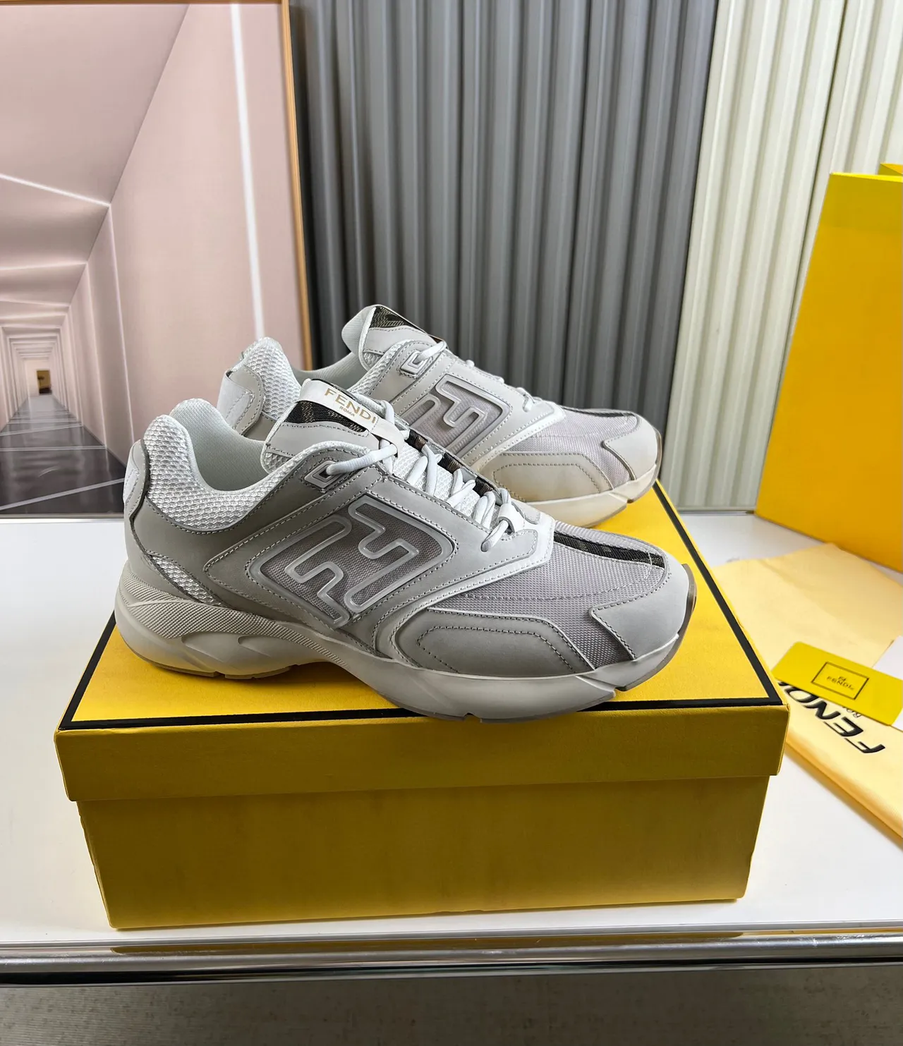 Fendi Runner Gray Embossed FF Logo Chunky Sneakers 9